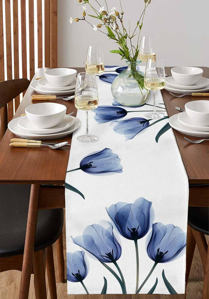Floral Table Runner-Blue Tulip Cotton Linen-Long 90 Inche Dresser Scarves,Flower Rustic Tablerunner for Kitchen Coffee/Dining Table Bedroom Home Living Room,Summer Spring Holiday Dinner Scarf Decor4