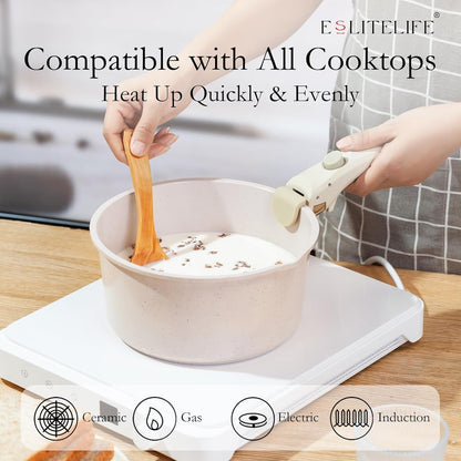 Nonstick Cookware Sets with Detachable Handle,Ceramic Coating Pots and Pans Set Kitchen Cooking Set, Compatible with All Stovetops, PTFE & PFOA Free, White, 10 Pcs Set4