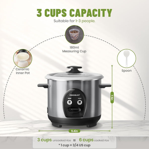 3-Cup Uncooked Rice Cooker Small - Ceramic Coating Non-Toxic Inner Pot, One-Touch Multifunction for Rice/Sauté/Yogurt, Dishwasher Safe, 1-3 People Size, Stainless Steel4