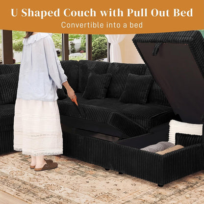 Modular Sectional Sleeper Sofa with Pull Out Bed, 104" U Shaped 7 Seat Cloud Sectional Couches for Living Room, Comfy Corduroy Couch Sofa Bed with Storage Chaise, USB Charging, Black8