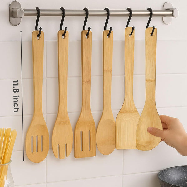 Bamboo Wooden Spoons for Cooking 6-Piece, Nonstick Bamboo Kitchen Utensils Set Wood Spatulas Spoons for Daily Use, Housewarming Gifts6