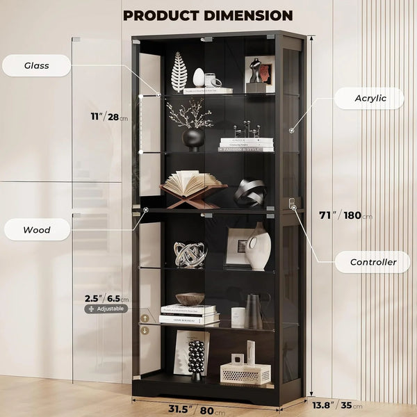 71" Tall Display Cabinet with Glass Door and 3-Color Lights, Black | 6-Tier Curio Cabinet for Collectibles, Display Case with Adjustable Glass Shelves, Human Body Sensor, Storage Cabinets2