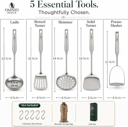 Premium Stainless Steel Kitchen Utensil Set, 5-Piece 304 (18/8) Cooking Utensils with Hooks, Soup Ladle, Slotted Turner, Solid Wok Turner, Skimmer, Potato Masher, Storage Bag and Gift Box2