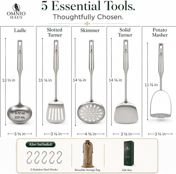 Premium Stainless Steel Kitchen Utensil Set, 5-Piece 304 (18/8) Cooking Utensils with Hooks, Soup Ladle, Slotted Turner, Solid Wok Turner, Skimmer, Potato Masher, Storage Bag and Gift Box2