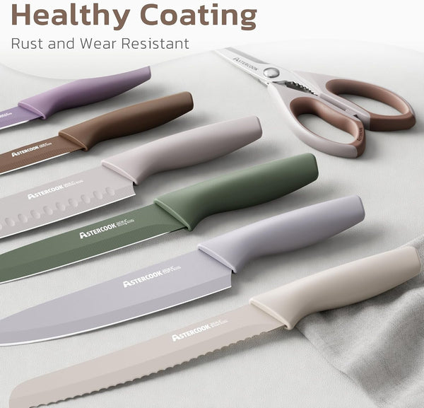 Knife Set, 13 Pieces Kitchen Knives Set with Healthy Anti-Rust Coating, Dishwasher Safe, Stainless Steel Chef Knife Sets with 6 Blade Guards, Fathers Day Gift for Men Morandi2