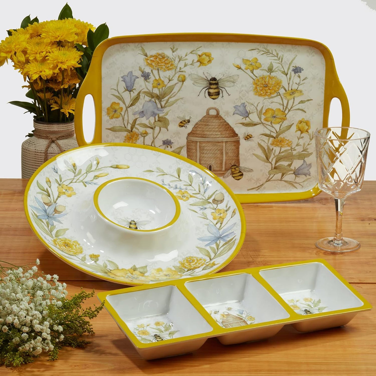 bee-sweet-12-piece-melamine-dinnerware-set-service-for-4-bee-floral-plates-and-bowls-durable-shatterproof-outdoor-tableware-for-spring-summer-entertaining