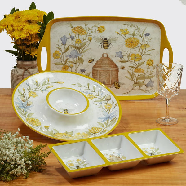 Bee Sweet 12-Piece Melamine Dinnerware Set, Service for 4, Bee & Floral Plates and Bowls, Durable Shatterproof Outdoor Tableware for Spring & Summer Entertaining8