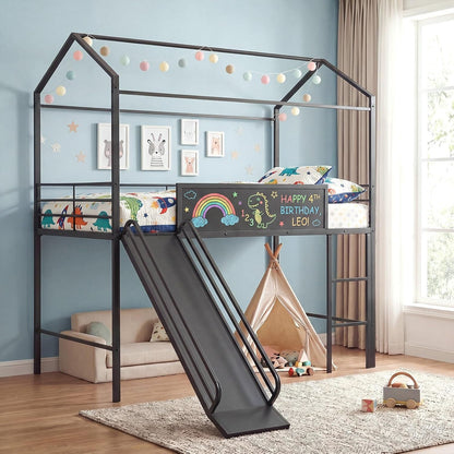 Twin Size House Loft Bed, Low Loft Bedframe W/Roof, Slide, Ladder, Chalkboard & Sturdy Metal Slats for Bedroom Dorm, Kids House Bed for Boys Girls, No Box Spring Needed (Black)1