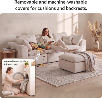 110" Boneless Sectional Couch, L-Shaped Modular Cloud Sofa for Living Room, Non-Slip 3 Seater with Ottoman, Washable Covers & Stay-Put Velcro, Cream6