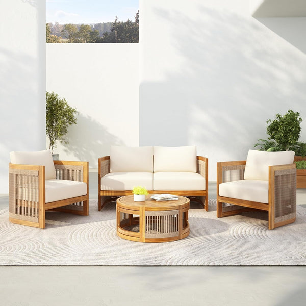 Nesbit 4 Pieces Conversation Set, Acacia Wood Chat Set, Woven Rope Loveseat and Accent Chairs, Slat Panel Coffee Table, Patio Furniture Set for Backyard Balcony Garden, Beige1