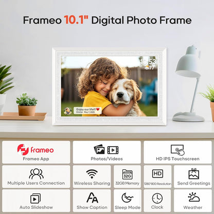 Frameo 10.1" Digital Picture Frame, Smart Wifi Digital Photo Frame with 1280X800 HD IPS Touch Screen 32GB Memory Auto-Rotate Wall Mounted, Share Photos/Videos from Phone Anywhere(White)9