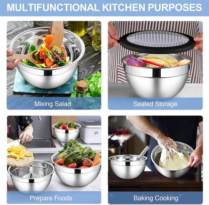 Stainless Steel Mixing Bowls with Transparent Airtight Lids Set of 65