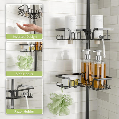 Corner Shower Caddy Tension Pole Adjustable 30.6-127.2 Inch, 4-Tier Rustproof Shower Organizer Shelf Rack, No-Drill Installation Bathroom Storage Shower Caddy Corner Pole, Black4