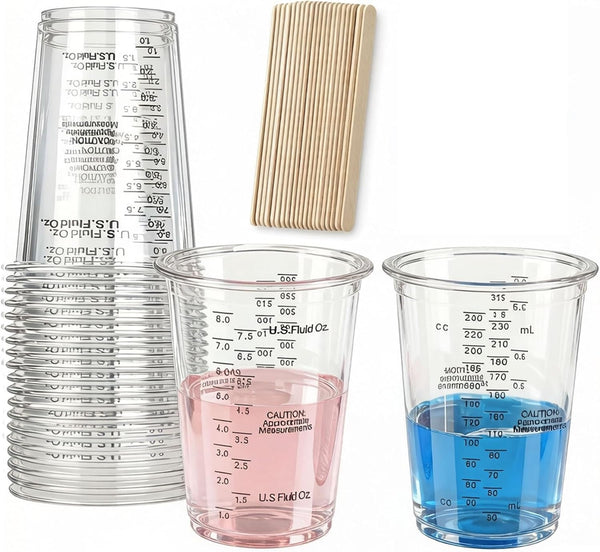 20PCS 8Oz Disposable Plastic Measuring Mixing Cups with 20 Wooden Stirring Sticks, Clear Graduated Cups for Epoxy Resin Paint Pigment Mixing (20)1