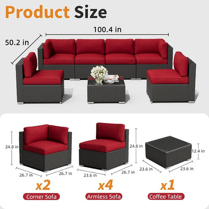 7-Piece Outdoor Patio Furniture Black Rattan Wicker Sectional Sofa Conversation Set with Glass Top Table and Cushions (Red)2