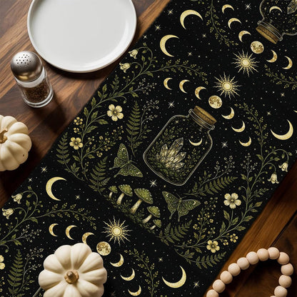 Mystic Black Table Runners 72 Inches Long, Cotton Linen Fabric Table Runner Dresser Scarf, Butterfly Golden Sun Moon Stars Flowers Leaves Tablerunner for Party/Kitchen/Dinner/Wedding Decor 13"X72"3