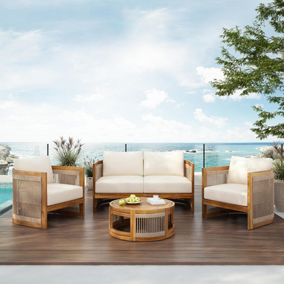 4-Piece Patio Conversation Set, All Weather Sectional Sofa Set W/ 2 Chairs, Loveseat & Table Premium, Acacia Wood Outdoor Furniture Set with Woven Rope Accents and Cushions (Teak+Beige)2