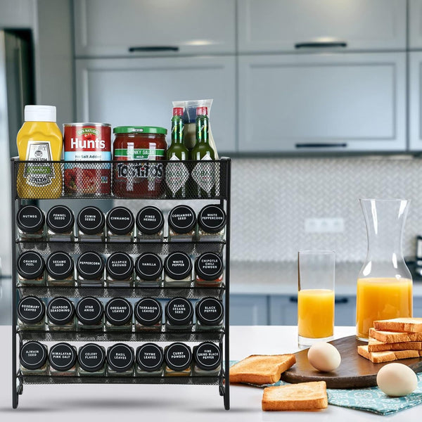 Spice Rack Organizer with 28 Spice Jars, Black Lids, Spice Labels4