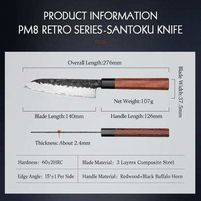 5.5 Inches Santoku Knife, Three-Layer Clad Steel, Professional Small Japanese Chef Knife, Ultra Sharp Blade, Red Wood Octagonal Handle6