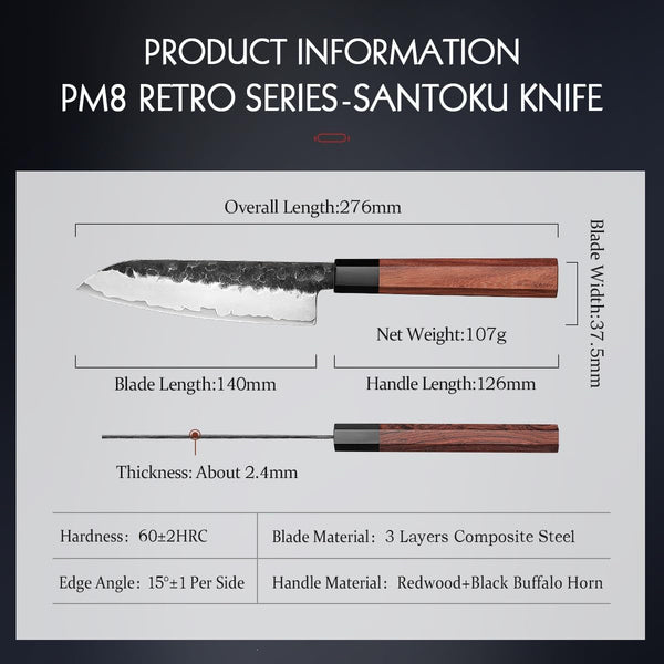 5.5 Inches Santoku Knife, Three-Layer Clad Steel, Professional Small Japanese Chef Knife, Ultra Sharp Blade, Red Wood Octagonal Handle6