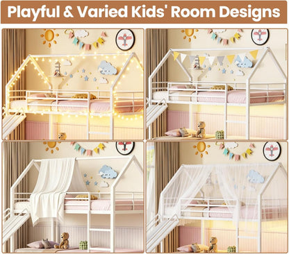 Twin over Twin Bunk Bed with Slide,40° Gentle-Slope & LED Light, White8