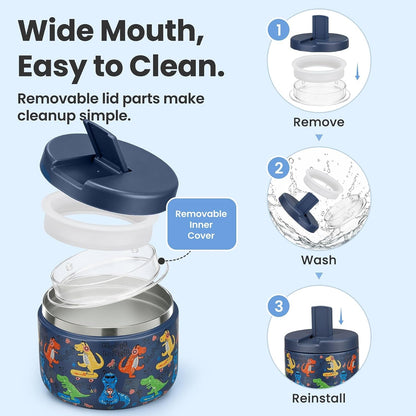 12Oz Insulated Vacuum Food Jar with Buckle Lid Wide Mouth Soup Thermo for Hot Food Kids Leakproof Stainless Steel Lunch Container (Blue-Dinosaur)5