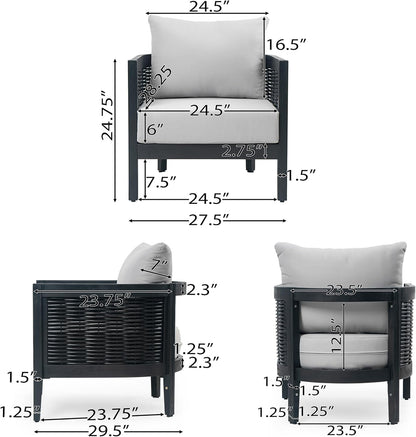 Peron Patio 4-Seater Conversation Set, Sofa/Loveseat, 2 Club Chairs, Coffee Table, Cushion+Back Pillows, Acacia Wood+Wicker, Garden, Backyard, Poolside, Black + Light Grey6
