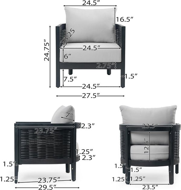 Peron Patio 4-Seater Conversation Set, Sofa/Loveseat, 2 Club Chairs, Coffee Table, Cushion+Back Pillows, Acacia Wood+Wicker, Garden, Backyard, Poolside, Black + Light Grey6