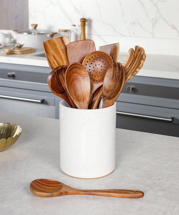 Wooden Cooking Utensils Set with Ceramic Holder,Teak Wood Utensils 10Pcs9