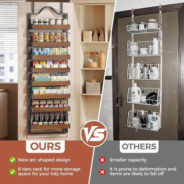 8-Tier Pantry Door Organizer, over the Door Pantry Organizer with Wooden Adjustable Baskets, 2 in 1 Spice Rack Wall Mount or Door Organizer, Door Spice Rack for Pantry（72.6×17.1×5.1In,Black)8
