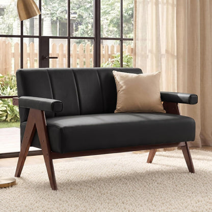 50" Small Black Faux Leather Sofa Couch, Wooden Office Loveseat1