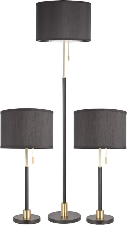 Table and Floor Lamp Set of 3 Pack Lamp Set with Black Linen Lampshade, Farmhouse Light Sets, Modern Table Lamps and Floor Lamp for Living Room, Bedroom, Nightstands, Black and Gold Splicing Finish2