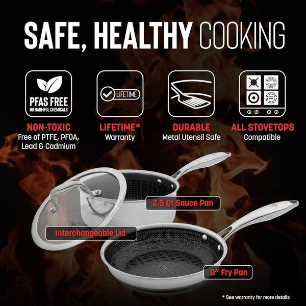 Hell’S Kitchen 3-Piece Hybrid Cookware Starter Set, Tri-Clad Stainless Steel & Pfas-Free Ceramic Nonstick, No PFOA, No PTFE, No Teflon, Non Toxic Cookware, Metal Utensil Safe, All Cooktops & Oven Safe | Tri Clad Stainless Steel, PFAS Free Ceramic Nonstick, No PFOA or PTFE, Metal Utensil Safe, All Cooktops, Oven Safe2