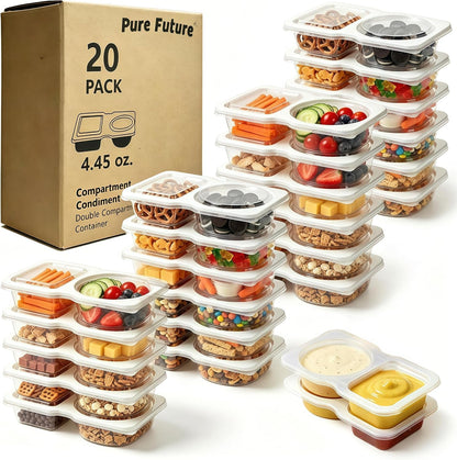 20-Pack Reusable Snack Containers with Lids, 2-Compartment Snackle Box Container for Meal Prep, Portion Control Snack Pack for Office, Travel & Gym, Microwave Safe (40 Pcs)1