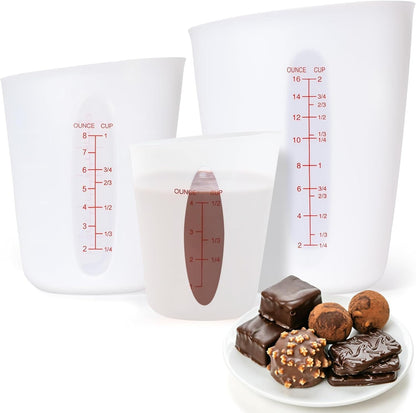 Food-Grade Silicone Cups for Melting Chocolate, 3Pcs BPA Free Silicone Measuring Cups with 1/2Cup/1Cup/2Cup Capacity, Reusable Baking Supplies for DIY Chocolate Molds1