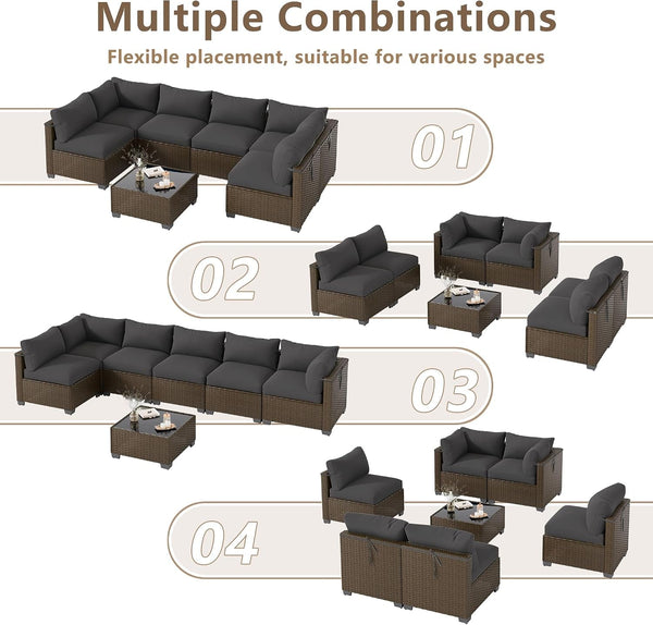 7 Piece Outdoor Patio Furniture Set, Outdoor Sectional Sofa, Wicker Rattan Patio Furniture, Patio Conversation Set with Coffee Table & Cushions3