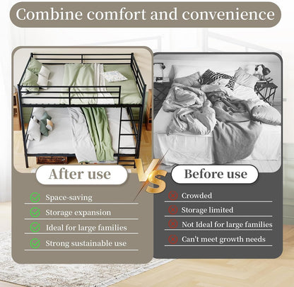 Queen over Queen Metal Bunk Bed with Ladder and High Guardrails, Convertible into 2 Queen Beds,770 Lbs Bottom & 550 Lbs Top Capacity, Heavy-Duty Slat Support, No Box Spring Needed8