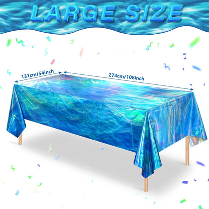 3Pcs 54 X 108 Inch Iridescent Ocean Waves Plastic Tablecloths | Disposable Blue Table Cloth Rectangle Table Covers for under the Sea Beach Pool Party Birthday Party Decorations2