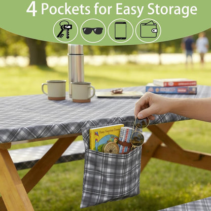Fitted Waterproof Picnic Table Cover with Bench Covers Heavy Duty Elastic Outdoor Camping Tablecloth for 6 Foot Rectangle Tables Summer Rv Accessories Patio Garden Road Trip Essentials Gifts5