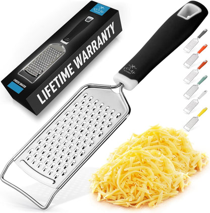 Professional Cheese Grater Stainless Steel - Durable Rust-Proof Metal Lemon Zester Grater with Handle - Flat Handheld Grater for Cheese, Chocolate, Spices, and More - Black1