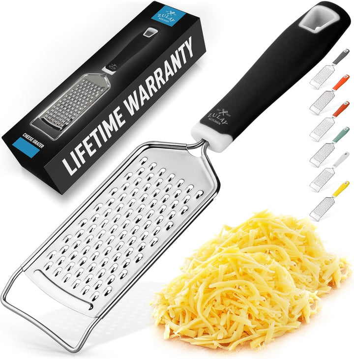 Professional Cheese Grater Stainless Steel - Durable Rust-Proof Metal Lemon Zester Grater with Handle - Flat Handheld Grater for Cheese, Chocolate, Spices, and More - Black