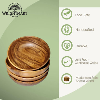 Wood Bowls for Food, Set of 4, 7 in Solid Acacia Salad, Cereal & Pasta Bowl4