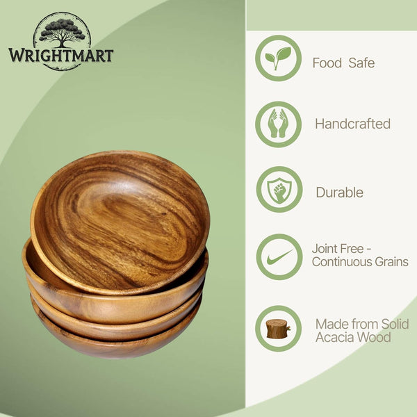 Wood Bowls for Food, Set of 4, 7 in Solid Acacia Salad, Cereal & Pasta Bowl4