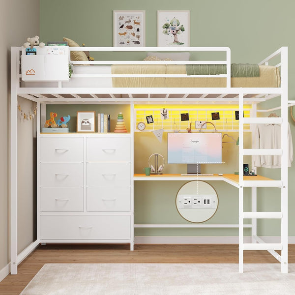 Full Loft Bed with L-Shaped Desk and 7 Storage Drawers, Metal Full Size Loft Bed for Teen with LED Lights and Charging Station,13.11" H Safety Guardrail and Ladder,No Box Spring Needed, White1