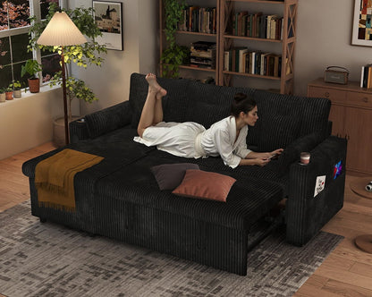 3 in 1 Pull Out Couch, Corduroy L Shaped Couch Sleeper Sofa Bed, Black2