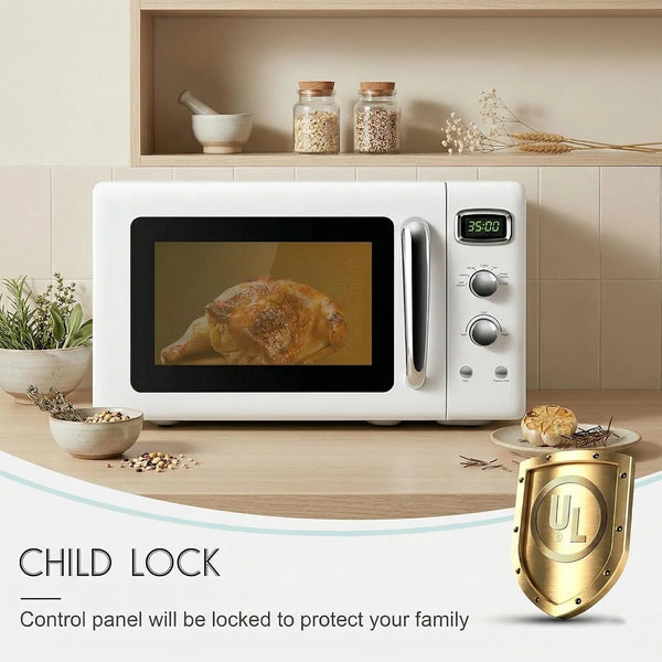 Retro Countertop Microwave Oven,  Compact Microwave Oven 0.9 Cu.Ft. W/Child Lock, 5 Micro Power, Defrost & 8 Auto-Cooking, LED Display, Easy Clean Interior, White, 900 W7