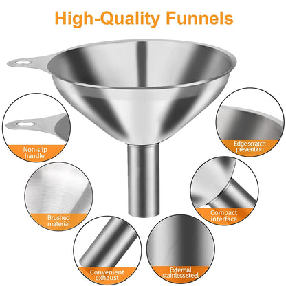Metal Stainless Steel Funnel, Large Medium Small Funnel Set of 3, Food Grade Mini Funnels for Kitchen Use Filling Bottles Flask Cooking, 2 Brushes3