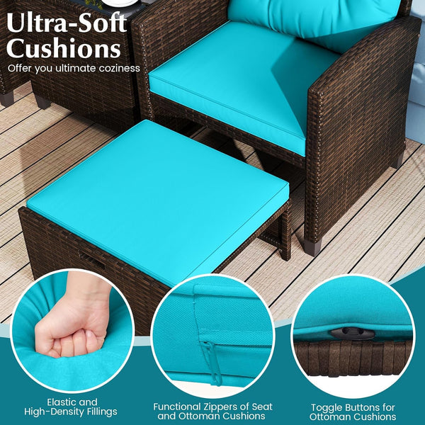 5 Pieces Patio Conversation Set, PE Wicker Outdoor Furniture Set with 2 Chairs, 2 Ottomans & Tempered Glass Coffee Table, Ideal for Poolside, Backyard, Lawn, Deck, Mix Brown & Turquoise4