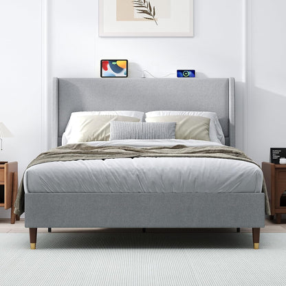 Queen Bed Frame with Upholstered Linen Headboard, Platform Bed with USB Charging Ports, Sturdy Metal Frame, No Box Spring Required, Quiet Noise-Free Modern Bedroom Furniture, Grey8