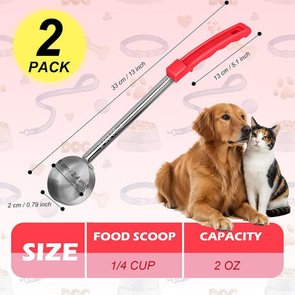 2 Pcs Dog Food Scoop 1/4 Cup Stainless Steel Dog Food Measuring Cups Long Handled Scoop for Dogs Cats Birds and Rabbits Food (1/4 CUP)2